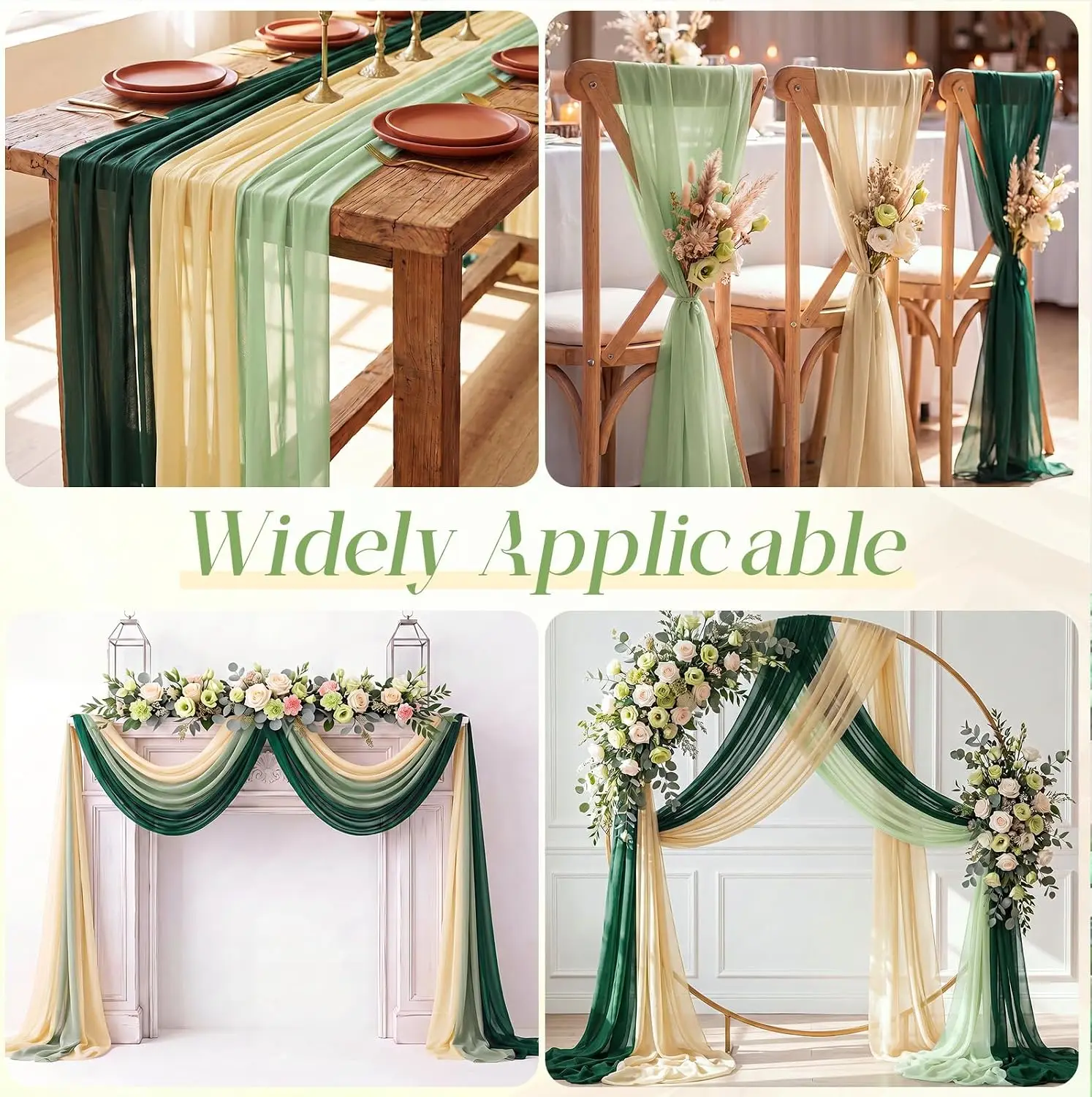 Sheer Chiffon Arch Drape 3PCS Green Beige Wedding Backdrop Table Runner Fall Party Baby Shower Outdoor Curtains Decoration