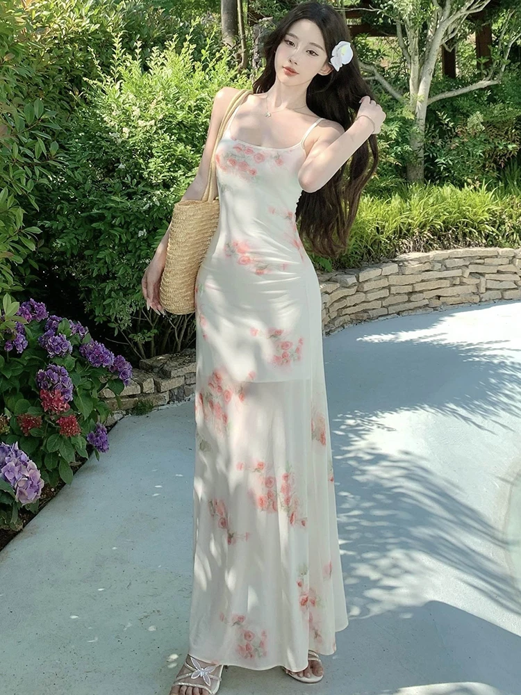 Sommer Floral Mesh Quadrat Kragen Sling Sexy Langes Kleid Frauen Boho Elegante Casual Kleid 2025, Koreanische Mode, Figurbetontes Urlaubskleid