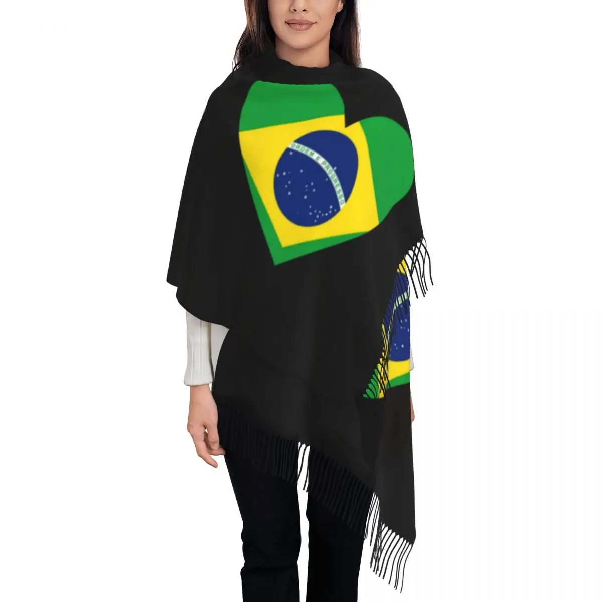 

Ladies Long National Flag Of Brazil Scarves Women Winter Fall Soft Warm Tassel Shawl Wrap Brazilian Heart Scarf