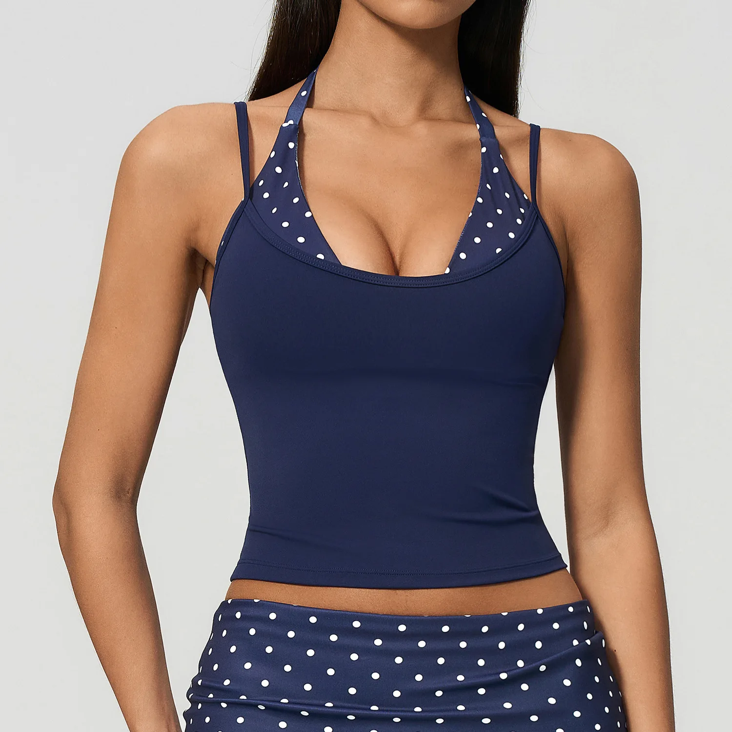 Women Yoga Vest Mock Two-Piece Polka Dot Halter Yoga Tank Top Double Strap Sleeveless Crop Top Gym Workout Fitness Sports Bra
