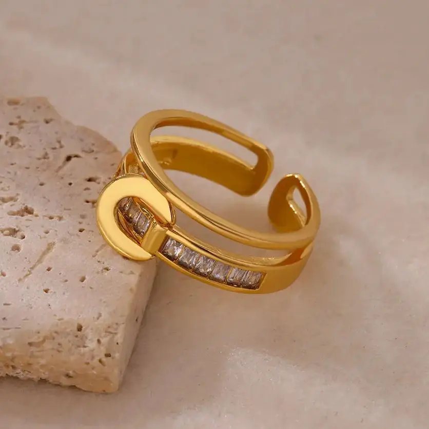 خواتم زركون نسائية بطبقتين ، خاتم فولاذ مقاوم للصدأ قابل للتعديل ، هدية مجوهرات زفاف فاخرة ، اتجاه جديد بسيط