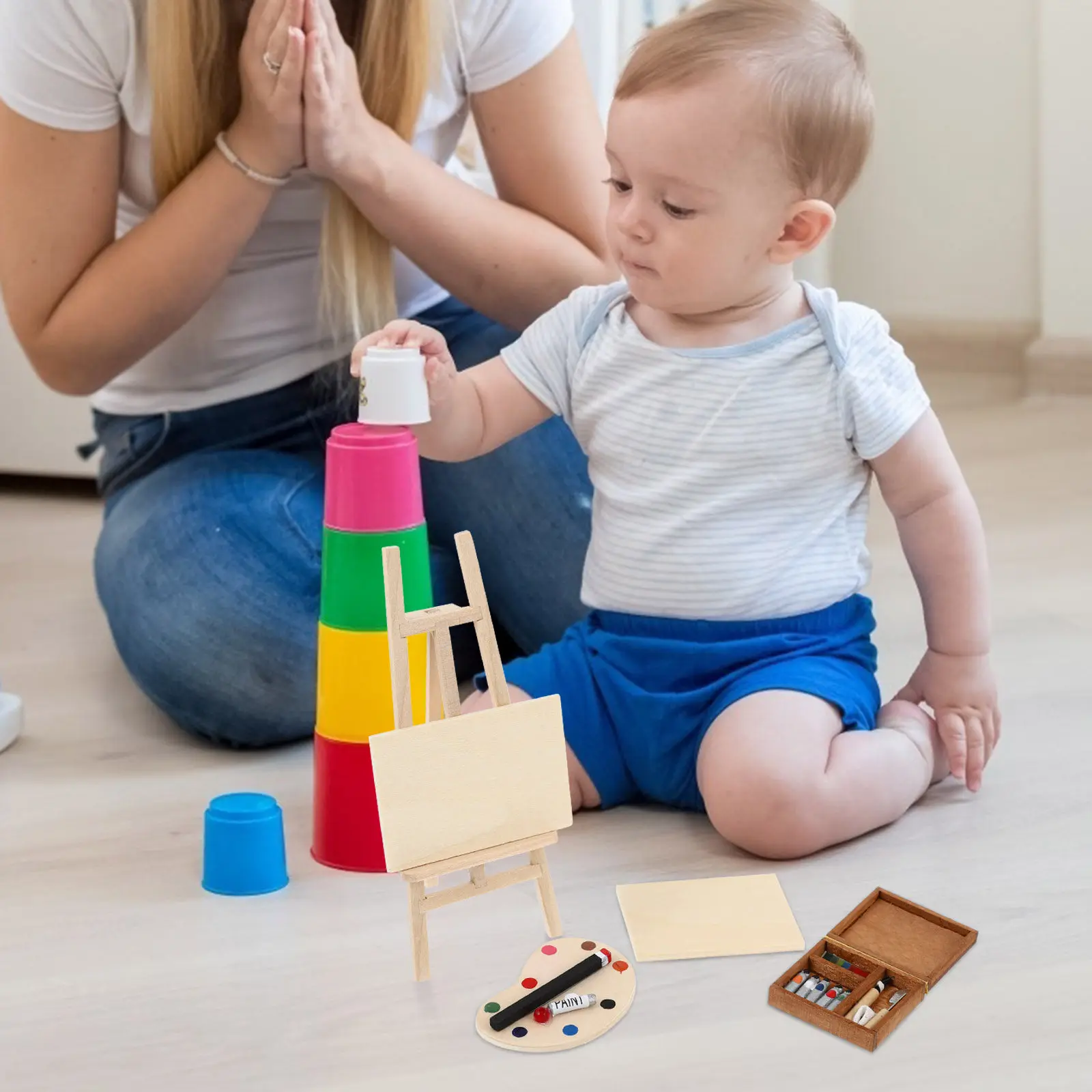 

4Pcs Miniature Wooden Easel Oil Painting Set Small Portable Drawing Board Mini House Furniture Decoration Miniature Adornment
