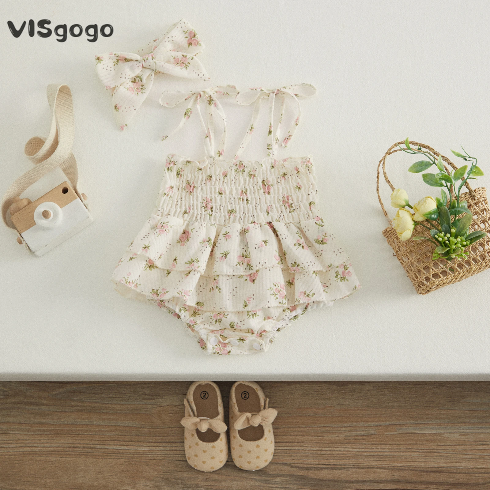 VISgogo Baby Girl Summer Jumpsuit Set Floral Elasticated Bust Sleeveless Ruffled Romper with Bow Headband Outfit