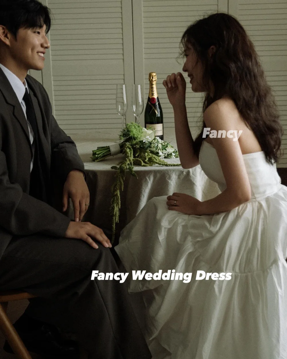 Fancy Simple Strapless Korea Wedding Dress A Line Taffeta Evening Dresses Back Corset Tiered Skirt Customized