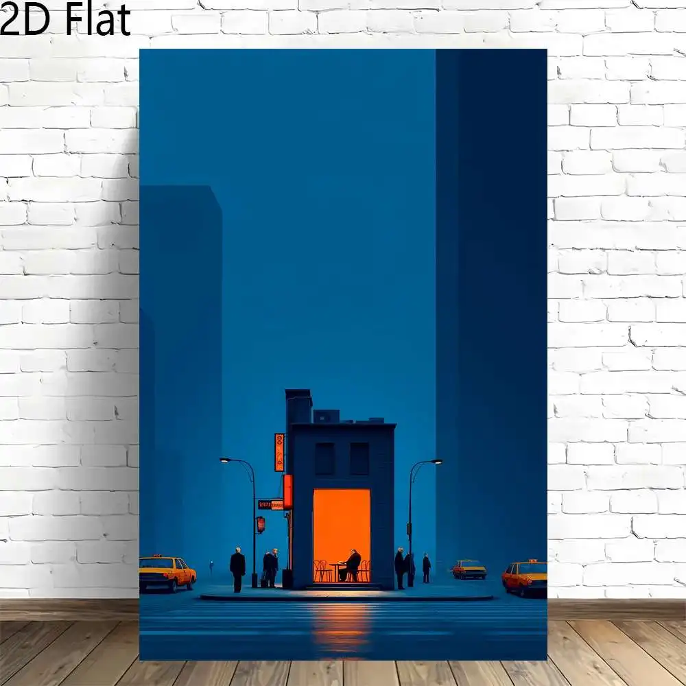 2D Flat, 2D Flat, 2D Flat 1pc Frameless Canvas Art Depicting a Night Street with Taxis And Illuminated Buildings, Ideal for D