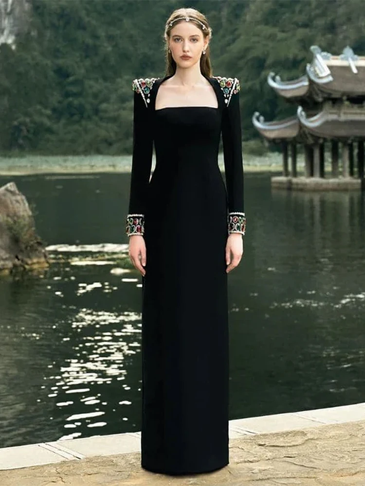 WYSOKIEJ JAKOŚCI Najnowsza Moda 2026 Projektancka Sukienka Damska Elegancka Długa Sukienka Maxi z Długim Rękawem, Kolorowa, Z Diamentami, Cyrkoniami i Koralikami