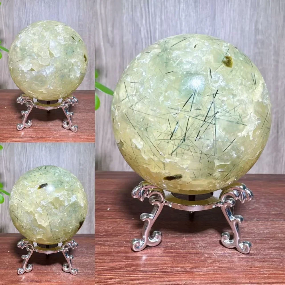 1PC Natural Unique Prehnite Green Tourmaline Rutile Raw Geode Stone Sphere Healing Crystal Reiki Energy Home Decoration Gifts