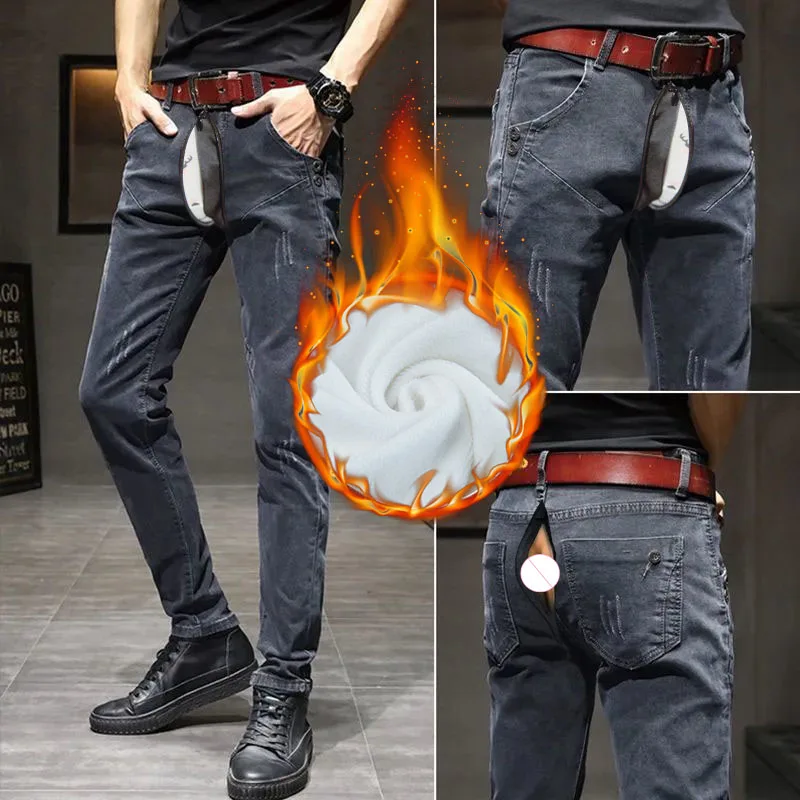 2024 Nieuwe Mode Winter Open Kruis Outdoor Sex Jeans Slim Fit Stretch Dikke Fluwelen Broek Warm Denim Casual Fleece Broek Man