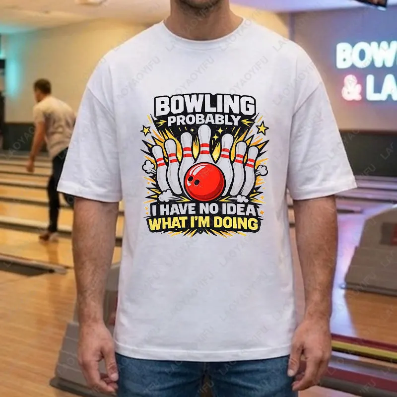 "Me Waiting for The Ten Pin To Fall" Slogan Funny Skeleton Bowling Graphic T-shirt 100% Cotton Short Sleeve Sports Casual Tshirt view 4