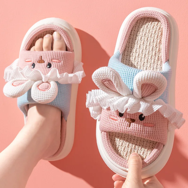 

Linen Slippers Women's Spring and Autumn Cute Home Indoor Silent Non-slip Four Seasons Cotton Linen Cartoon Cool Slippers Women