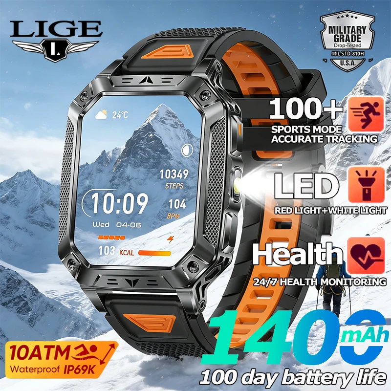 

Умные часы LIGE New Military с батареей 1400 мАч, LED-фонариком, водонепроницаемостью 10ATM, измерением частоты сердечных сокращений, голосовыми вызовами, для мужчин, 120+ видов спорта.
