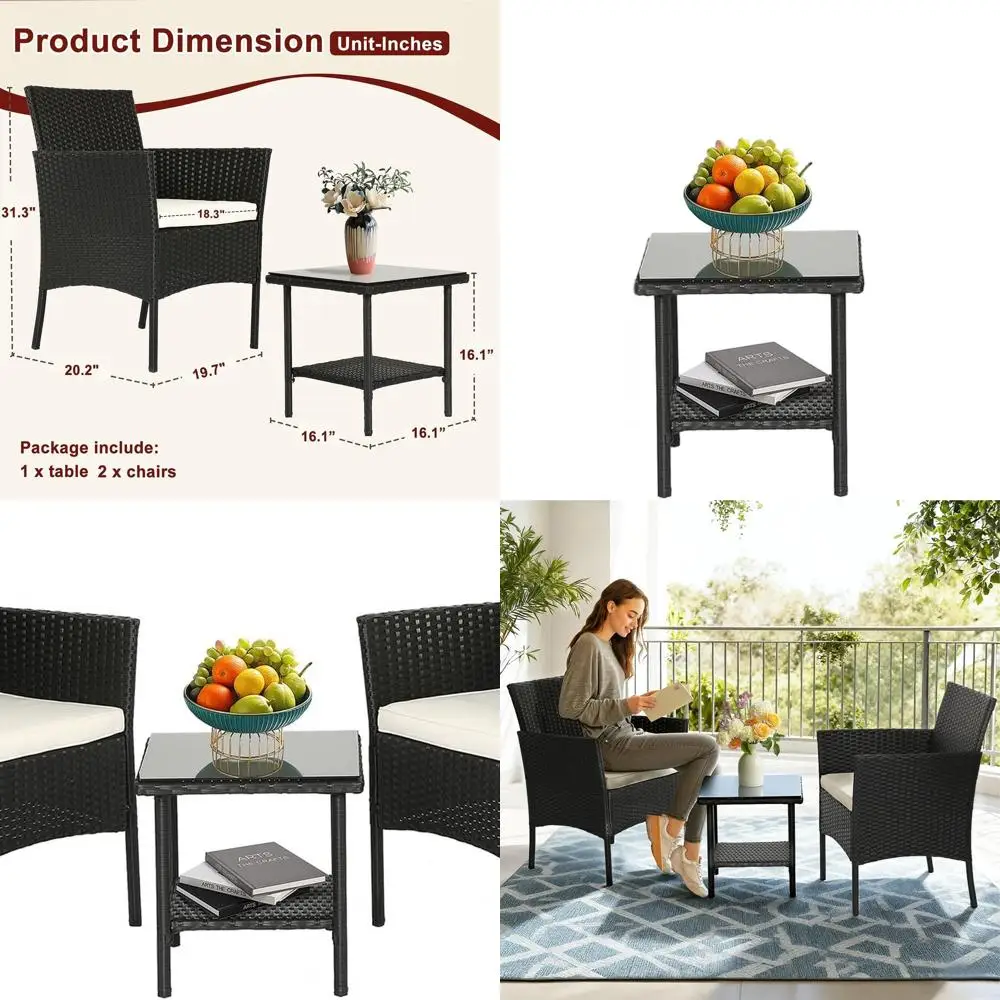 

3-Piece Black Rattan Outdoor Furniture Set with Coffee Table for Patio, Yard, and Balcony