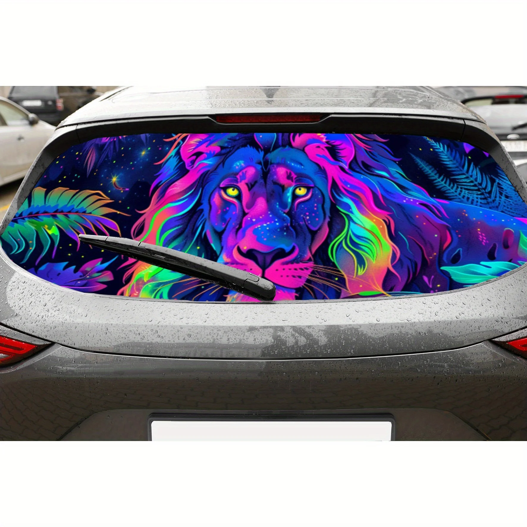 

Модные неоновые стильные перфорированные автомобильные виниловые обертывания Lion из ПВХ, улучшающий конфиденциальность дизайн для заднего окна, наклейка на заднее лобовое стекло автомобиля для
