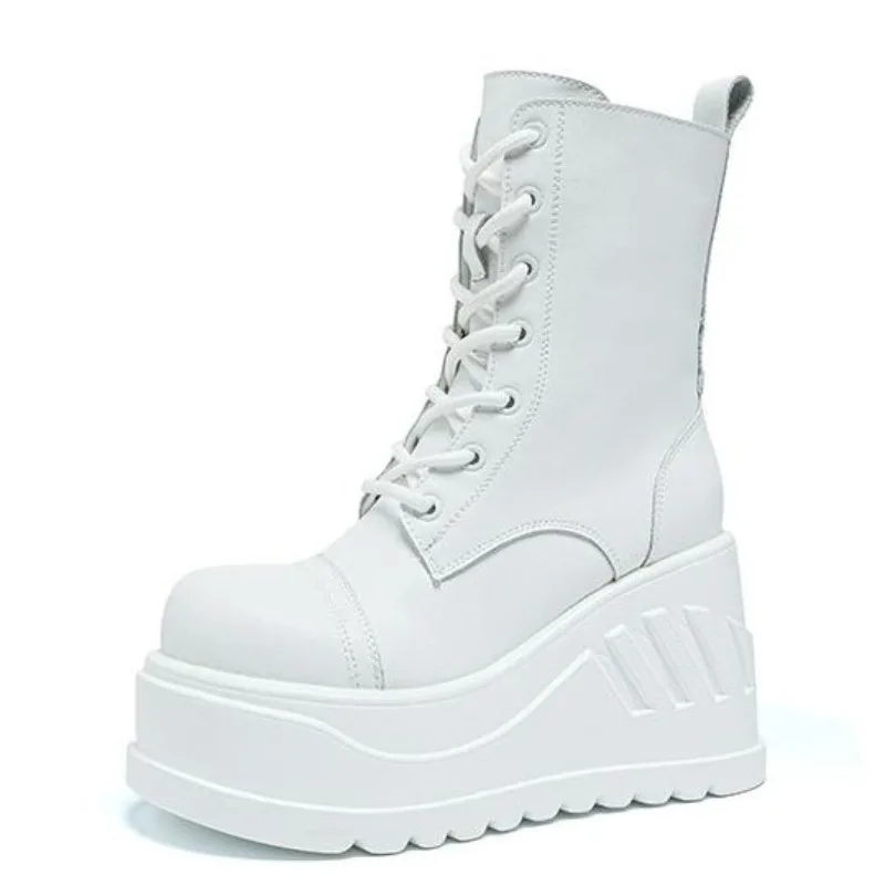 

Женские ботинки на платформе из натуральной кожи 10 см, женские ботинки до середины икры в британском стиле на массивном каблуке, осенняя белая плюшевая женская обувь в готическом стиле
