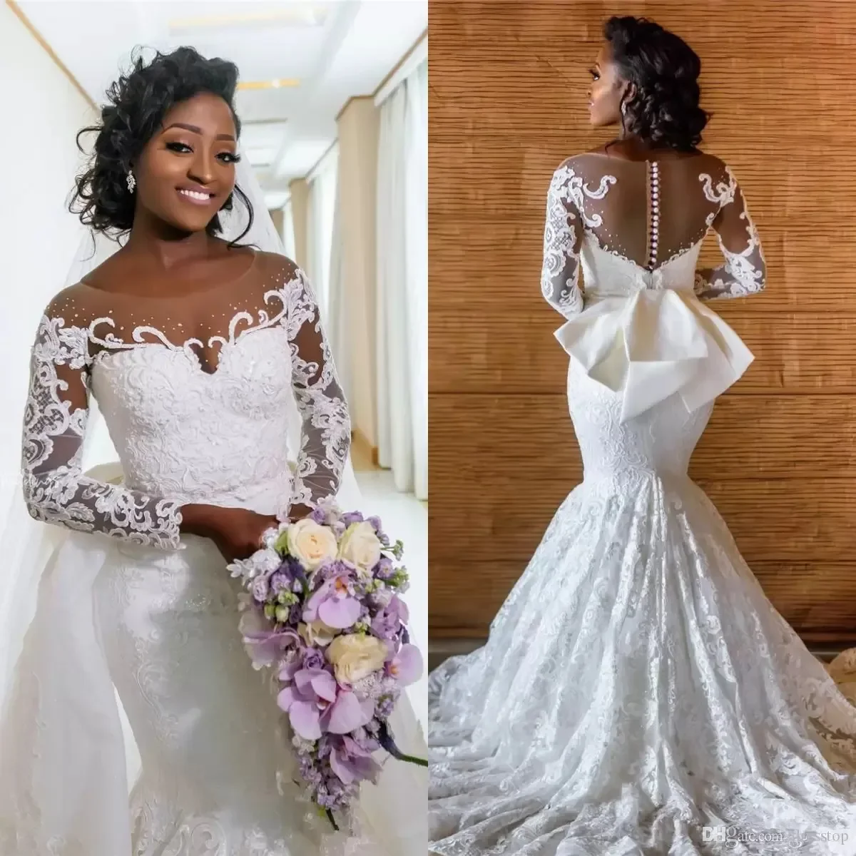 

Customized African Mermaid Wedding Dresses With Detachable Train Long Sleeves Buttons Back Beach Wedding Gowns Lace Sequined Ves