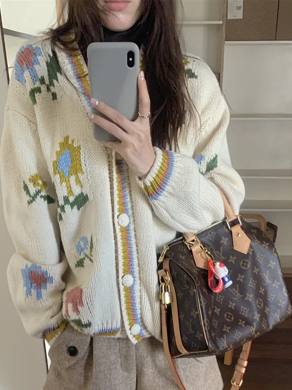 Coreano sle thiened malha v-ne único botão flor bordado aberto cardigan feminino faion outerwear camisola casaco