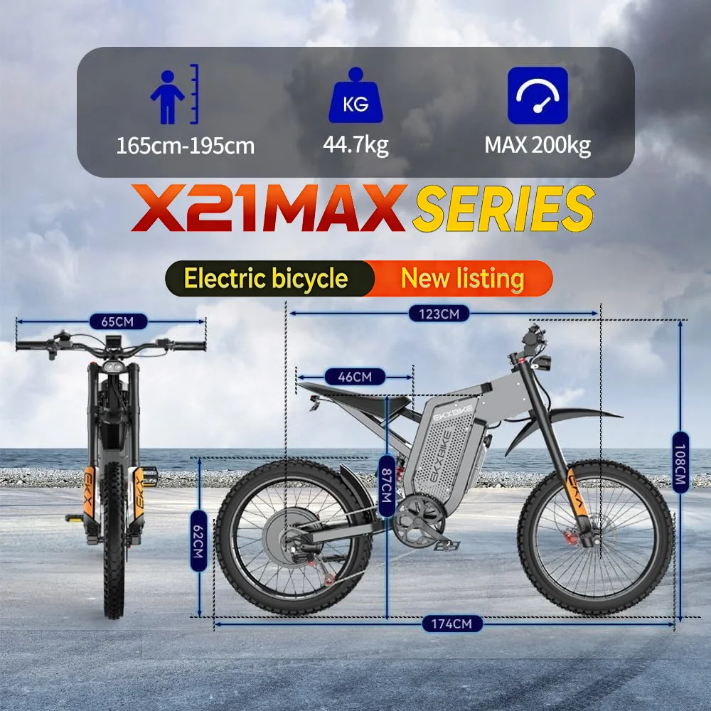 

Электромотоцикл EKXBike X21Max: бесщеточный двигатель мощностью 6000 Вт, литиевая батарея 60В30Ач, скорость 85 км/ч, внедорожный электробайк для взрослых.