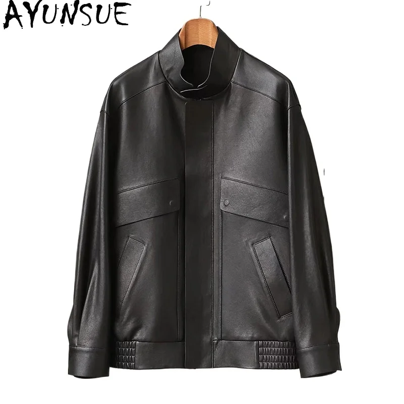 

AYUNSUE High Quality 100% Genuine Leather Jacket Men 2026 Short Casual Real Sheepskin Coat Fashion Loose Leather Coats Jackets