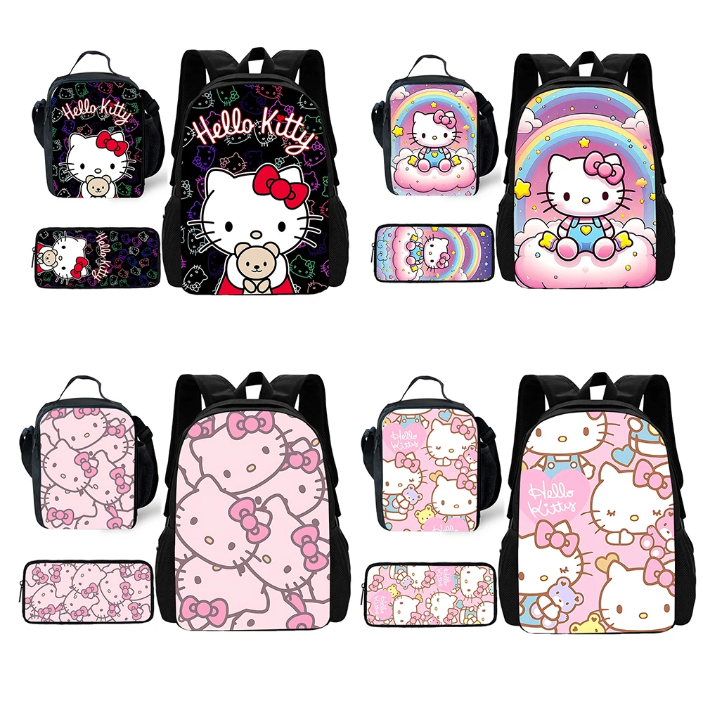 Child School Sanrios Cute Pink Hello Kitty Backpack with Lunch Bags ,Pencil Bags ,School Bags for Boys Girls Best Gift