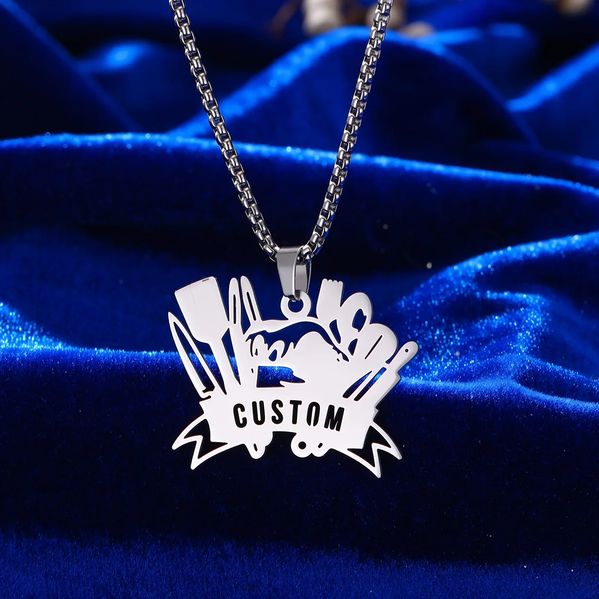 Custom Stainless Steel Designed Chef Themed Pendant Necklace for Women Men Unique Culinary Tools Pattern, Trendy Jewelry Gift