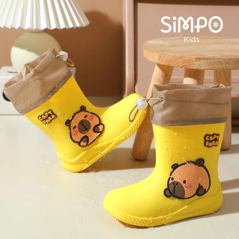 كابيبارا أحذية نصف رقبة من المطاط للأطفال المضادة للانزلاق أحذية المطر منتصف العجل للشباب مع شريط مرن صبي وفتاة أحذية المطر مريحة