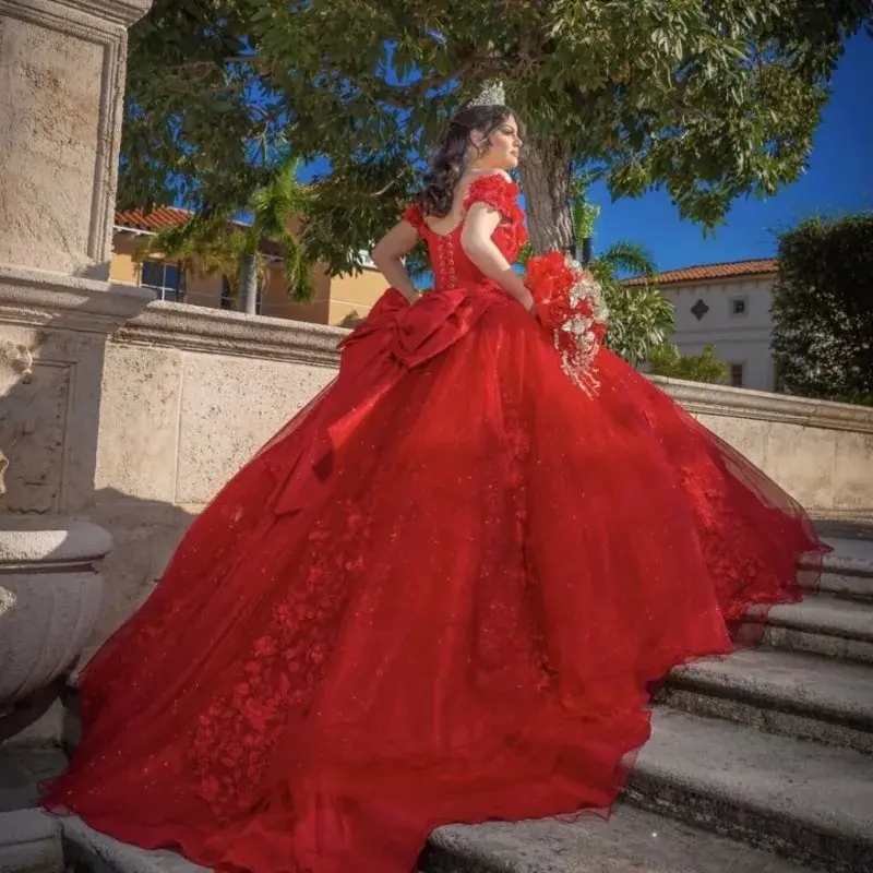 Vestidos de quinceañera rojos, vestido de baile con hombros descubiertos, dulce 16 flores 3D con lazo grande, vestidos de fiesta de celebridades personalizados