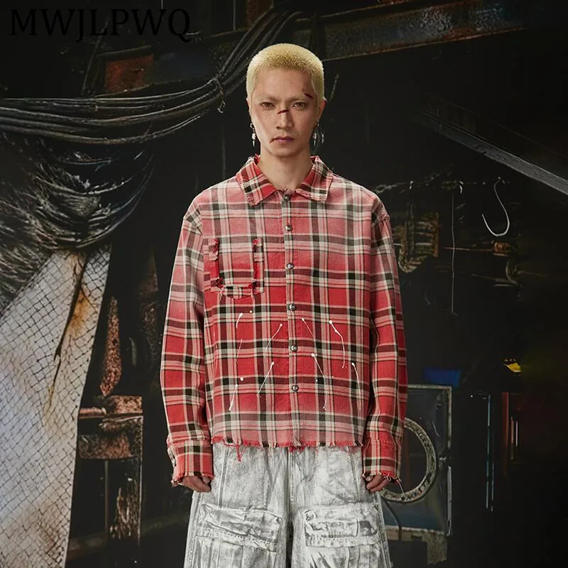 

MWJLPWQ Men's Plaid Distressed Gradient Tassel Shirt High Street Long Sleeve Lapel Hiphop Tide Loose Spring Autumn Tops 13974