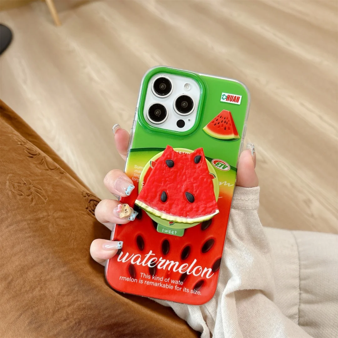 

Summer Green skinned watermelon Magnetic Holder Magsafe Wireless Charge Phone Case For iPhone 16 15 14 Pro Max Cartoon Cover﻿