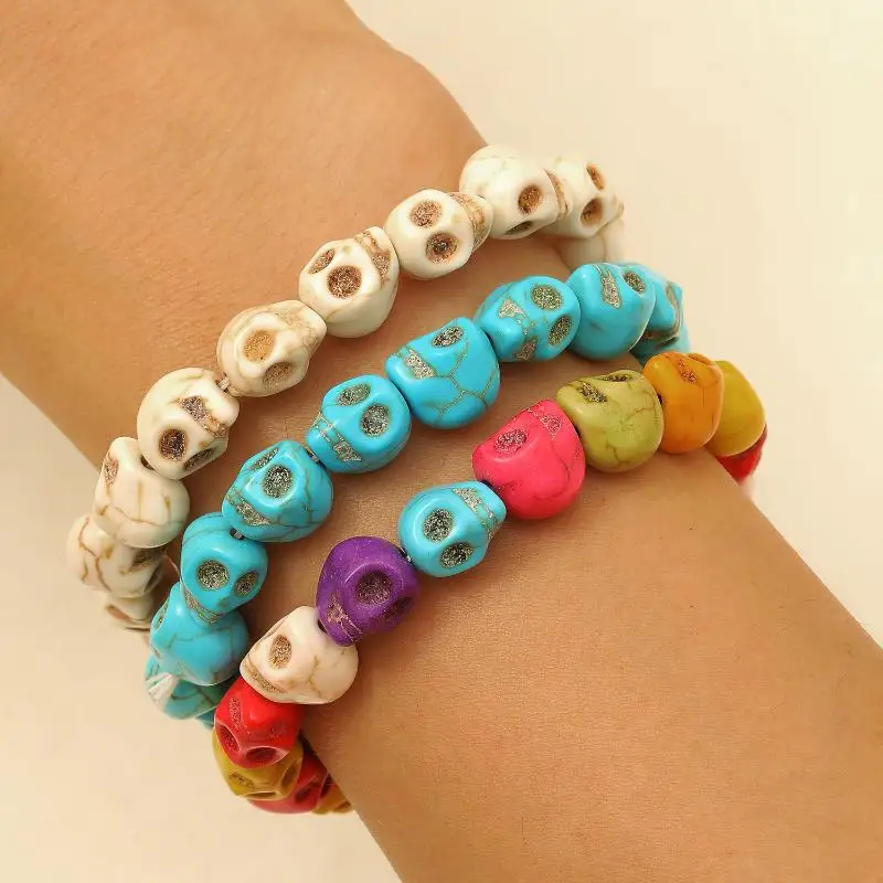 Colorful Skull Bead Skeleton Bracelets Delicate Gothic Charm Head Bone Stone Seed Elastic Strand Bracelets Jewelry