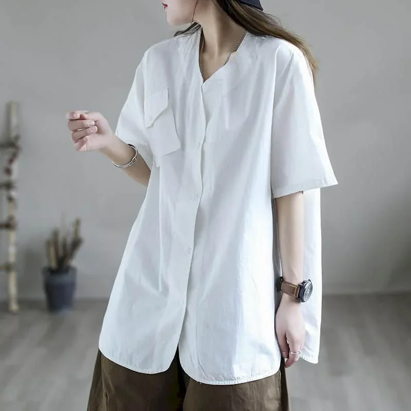 Camisas para mulheres de algodão tamanho grande verão fino manga curta 2024 novo sólido solto casual coreano moda blusa feminina escritório topos