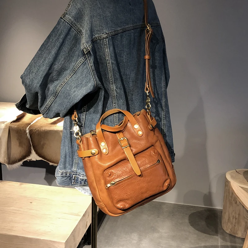 Retro Thick Leather Women Bag Vegetable Tanned Cowhide Leather Handbags Single Shoulder Messenger Bag Vintage Female Tote Bags