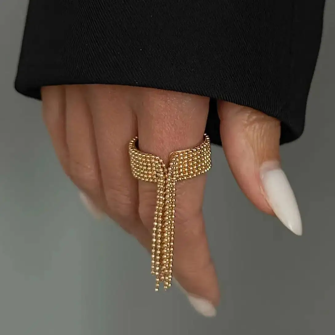 SHIXIN Creative Copper Bead Tassel Chain Rings Women Vintage Geometric Gold Color Adjustable Knuckle Ring Jewelry Accessory Gift