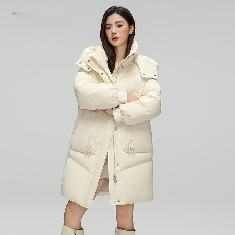 

Cold Winter Coat Women White Duck Down Jacket Stand Collar Fashion Hooded Long Jacket Thick Keep Warm New Puffer Outwear