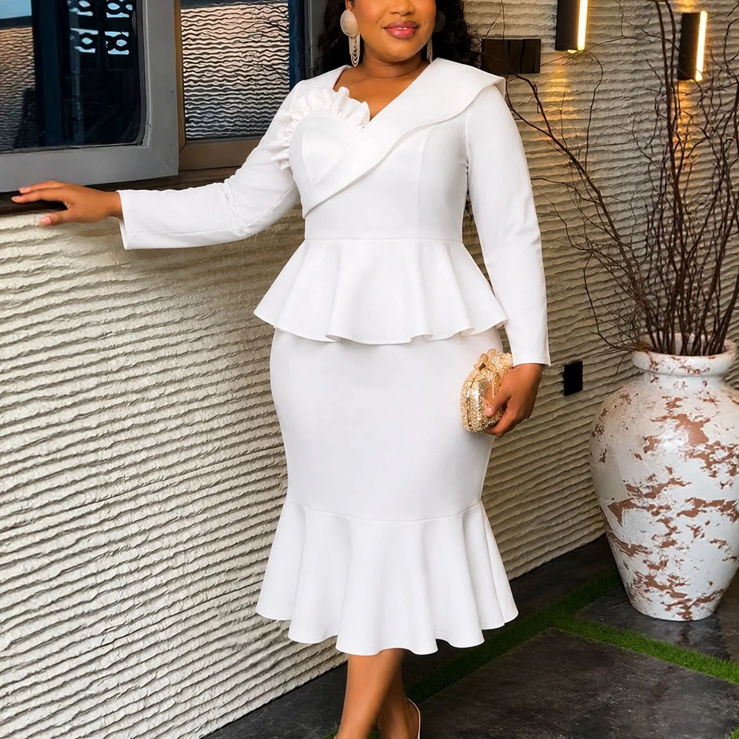 African Women Mermaid Dress V Neck Long Sleeves Ruffle Peplum Waist Chic Bodycon Wedding Guest Evening Formal Party Outfit