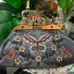 Lost in Vintage Inspired Grey Butterfly Embroidered Beaded Clutch with Filigree Handle with Chains Metal Frame Art Deco Purse