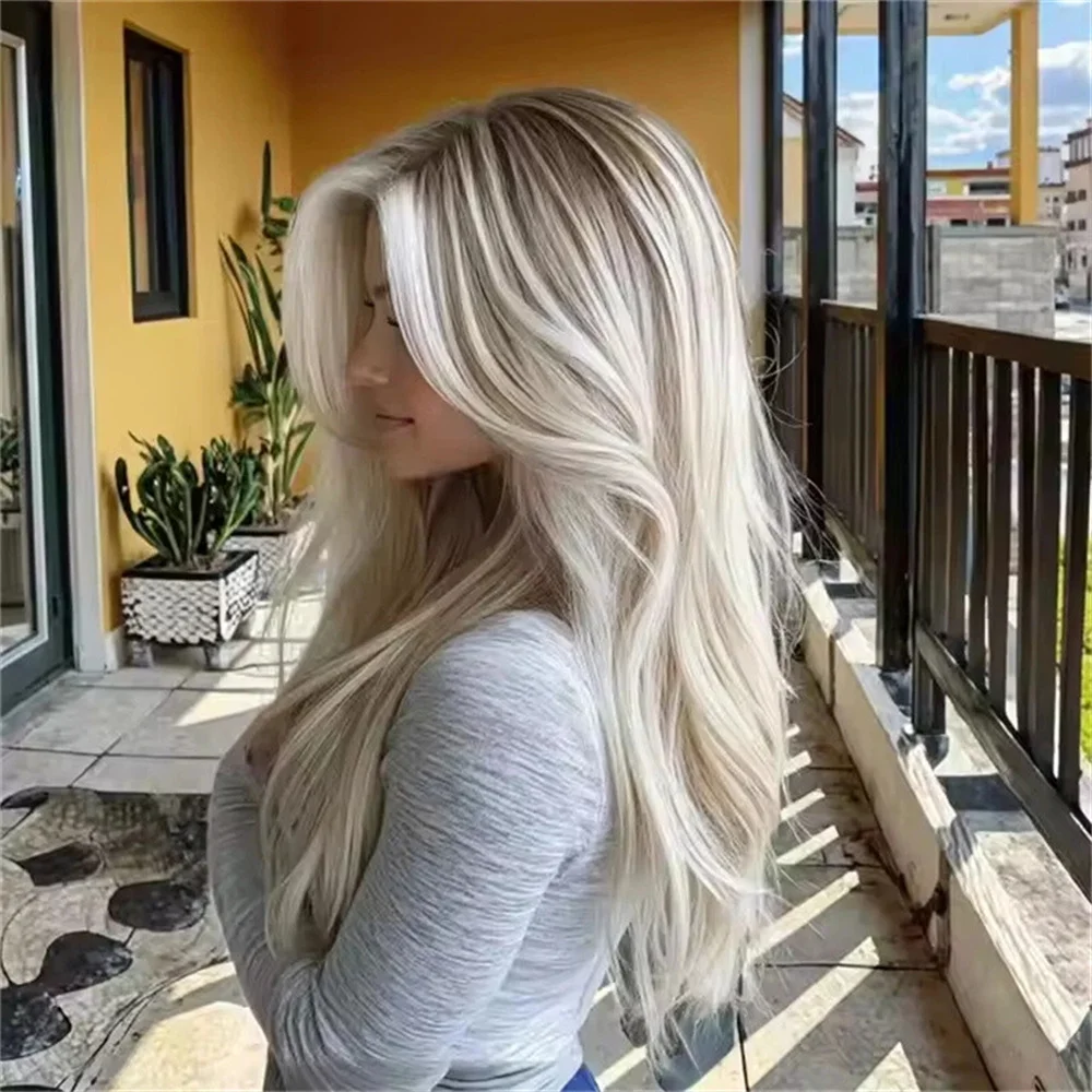 Balayage Biondo Cenere Parrucche Ondulate 13x4 Anteriore Del Merletto Parrucche Sintetiche In Evidenziare Parrucche Del Partito Radici Scure Parrucca Anteriore Del Merletto HD Del Merletto Per Le Donne