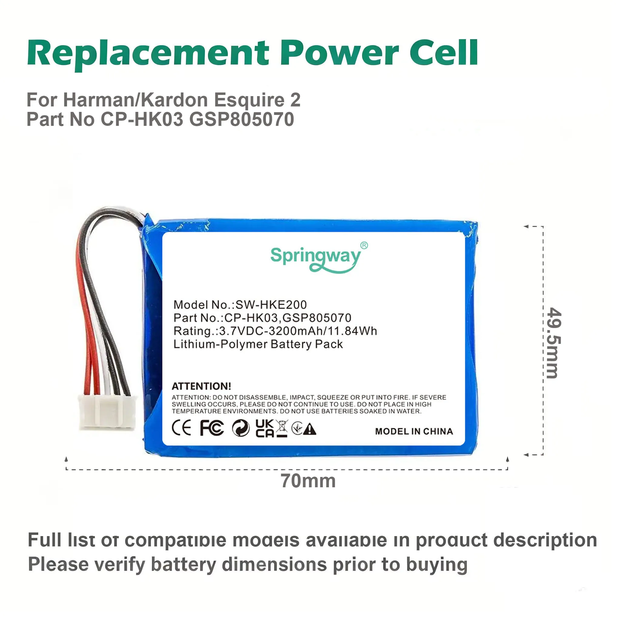 Springway 3200mAh Lithium Battery CP-HK03 GSP805070 Replacement for Harman Kardon Esquire 2 Bluetooth Speaker Power Pack
