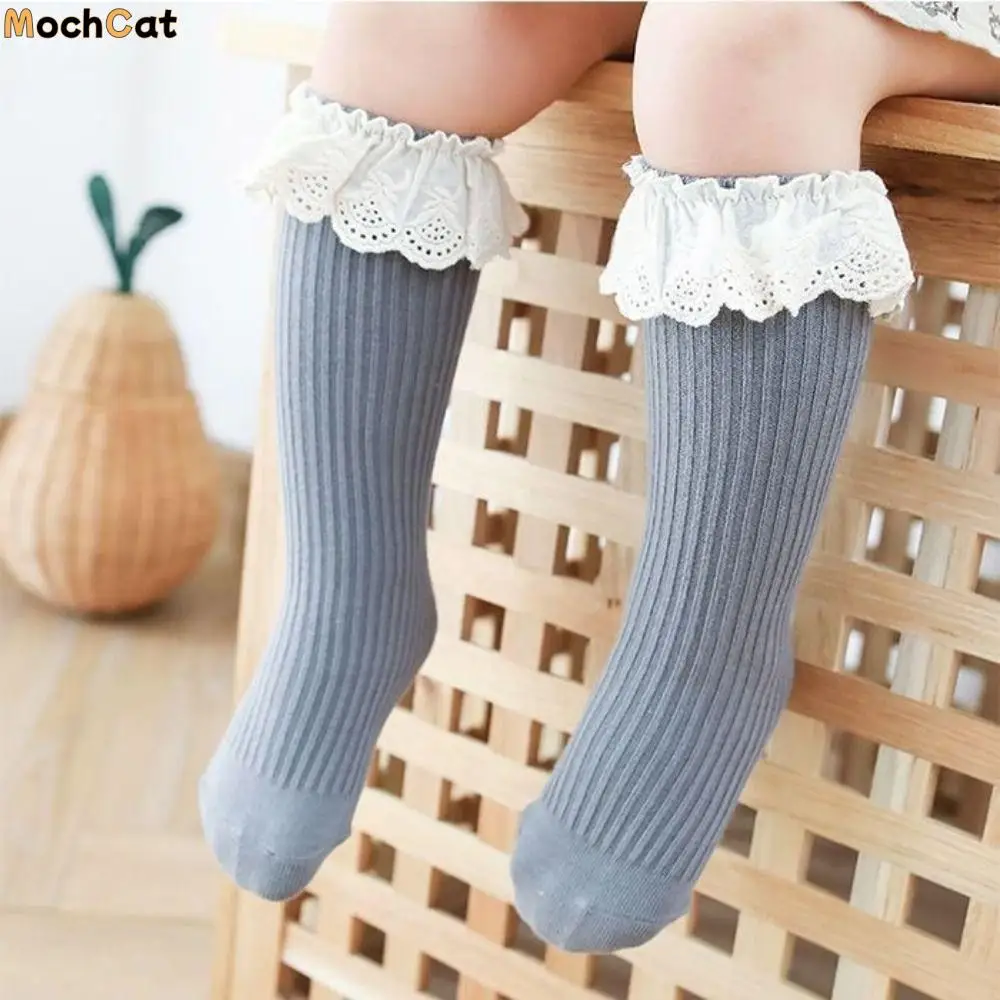 

5Pairs Ruffled Edge Baby Calf Socks Baby Long Tube Stripe Infant Cotton Stockings Cotton Toddle Cartoon Above Knee Socks Kids