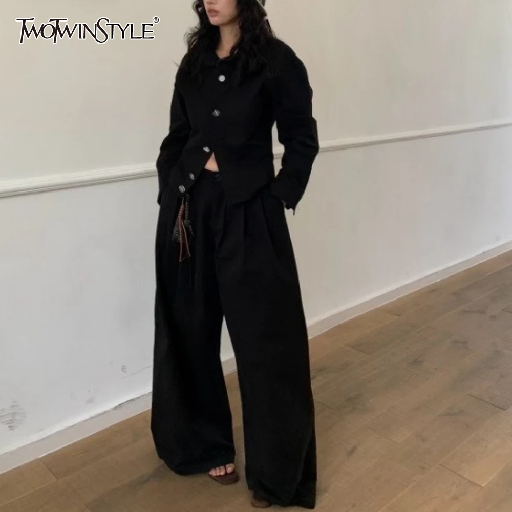 

TWOTWINSTYLE Solid Spliced Button Two Piece Set Female V Neck Long Sleeve Jacket Loosr Streetwear Women's Pants Set Autumn New