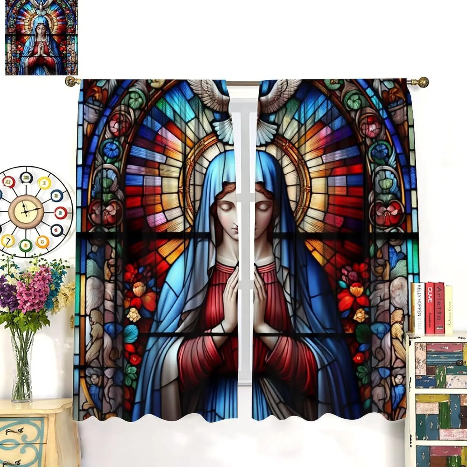 Stained Glass Colorful Curtains,Boho Abstract Religious Mosaic Jesus Multi Colored Saints Decor Rod Pocket Window Treatments for
