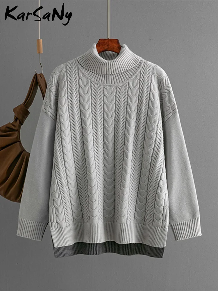 Jesienny sweter Twists dla kobiet Luźne, długie rękawy Wysoki kołnierz Vintage Solidny damski sweter z dzianiny Modne swetry damskie