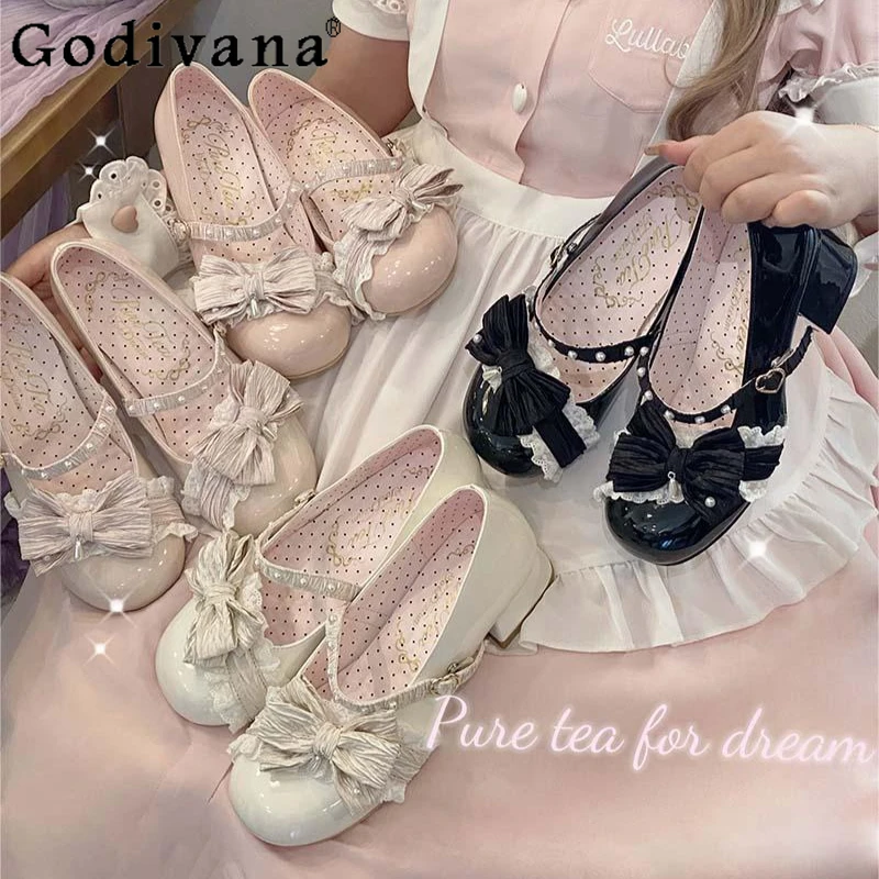 

Original Lolita Sweet Princess Mary Jane Shoes Women's Spring and Summer Y2k Bow Elegant Mid Heel Shoes Student Round Head Pumps