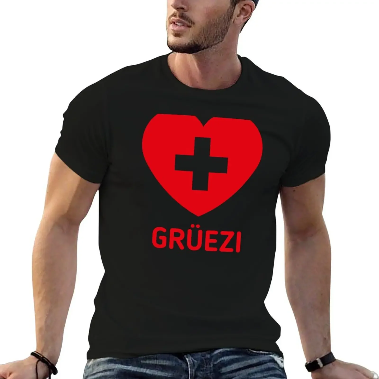 Grüezi (Switzerland / Heart / Swiss Flag / 1C) T-Shirt anime designer shirts heavyweights tops mens designer t shirt