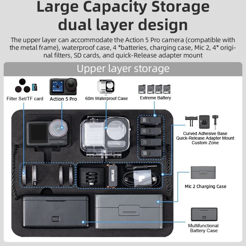 STARTRC Camera Accessories 2 Layers Portable Travel Hard Case W Belt For DJI Action 5 Pro Carrying Case Storage Waterproof Box