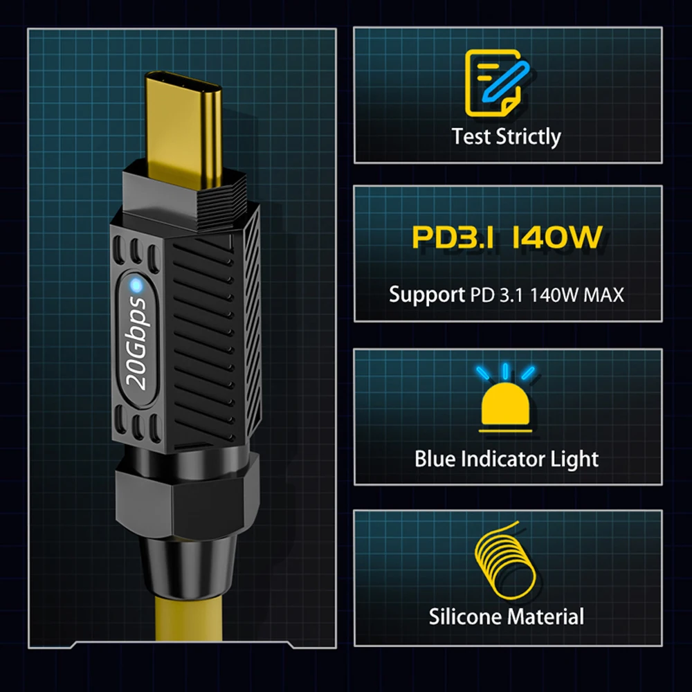 USB 3,2 20Gbps PD 140W empalme Cable de datos de carga rápida 8K tipo C a C extensor de resorte para Macbook Pro ASUS iPhone 16 cargador