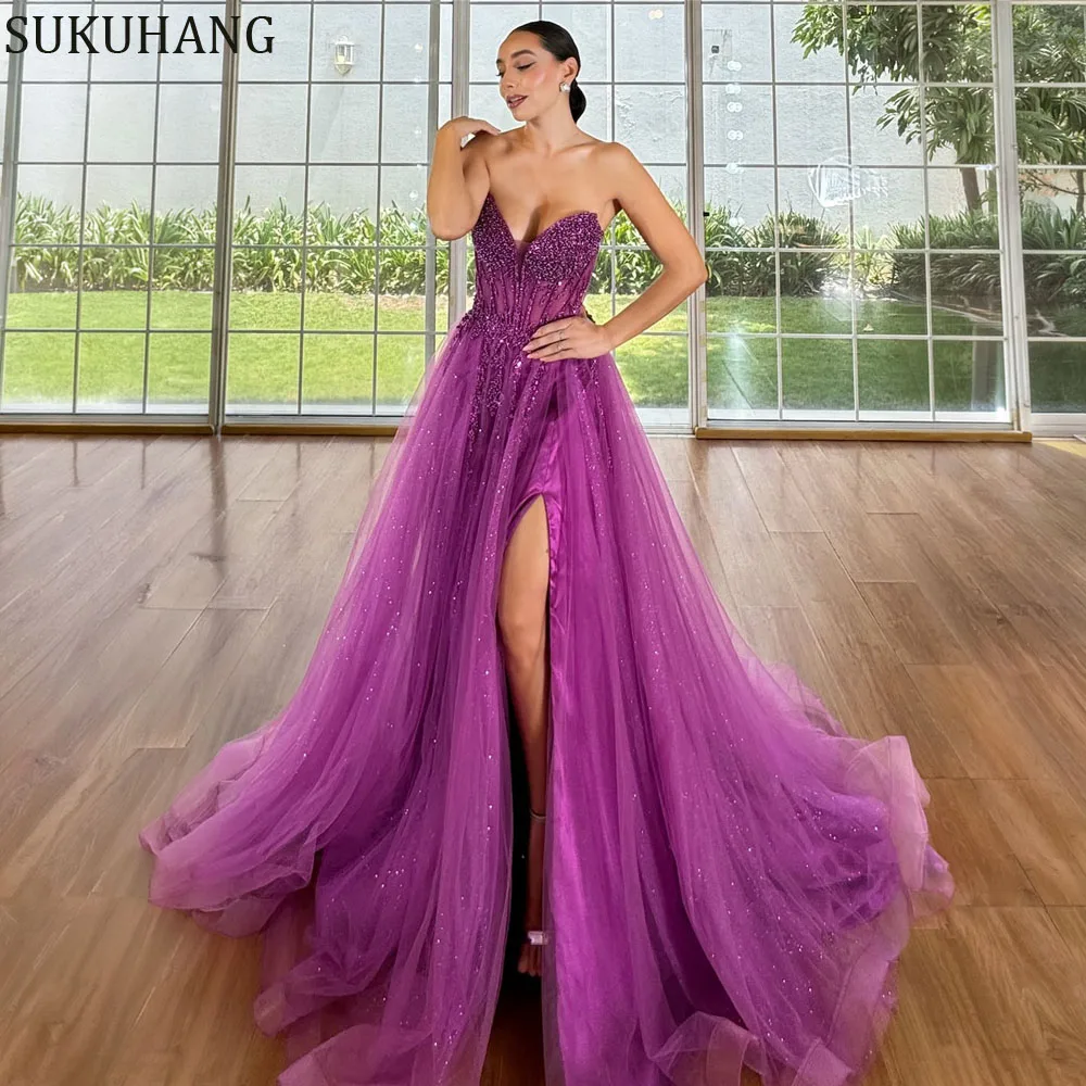 SUKUHANG فاخر دبي فوشيا تول فستان سهرة للنساء الزفاف قبالة الكتف المشاهير فستان حفلة الوهم مشد مخصص #1