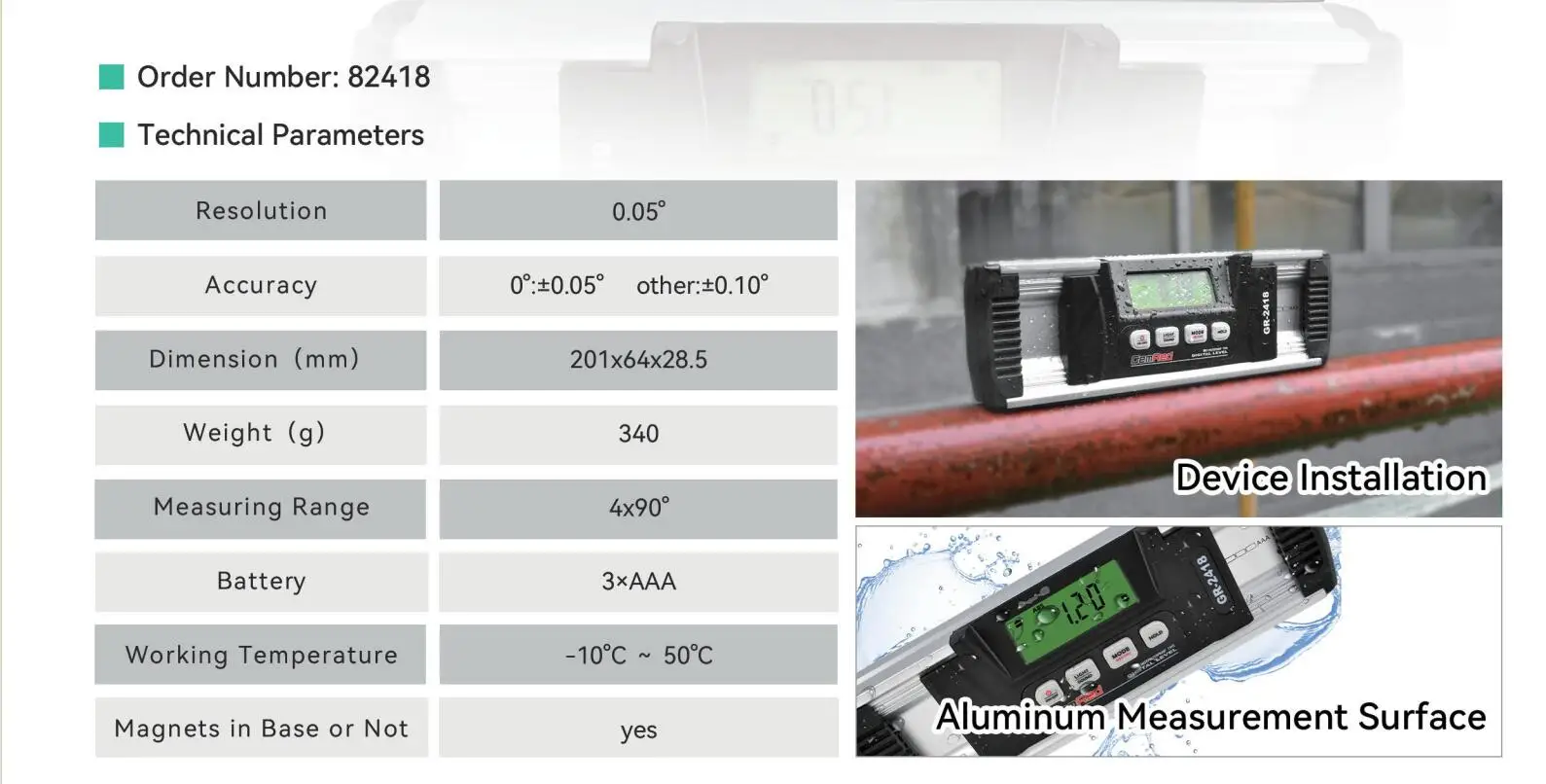 

4X90° Resolution 0.05° IP67 Protection Level Digital Inclinometer Protractor