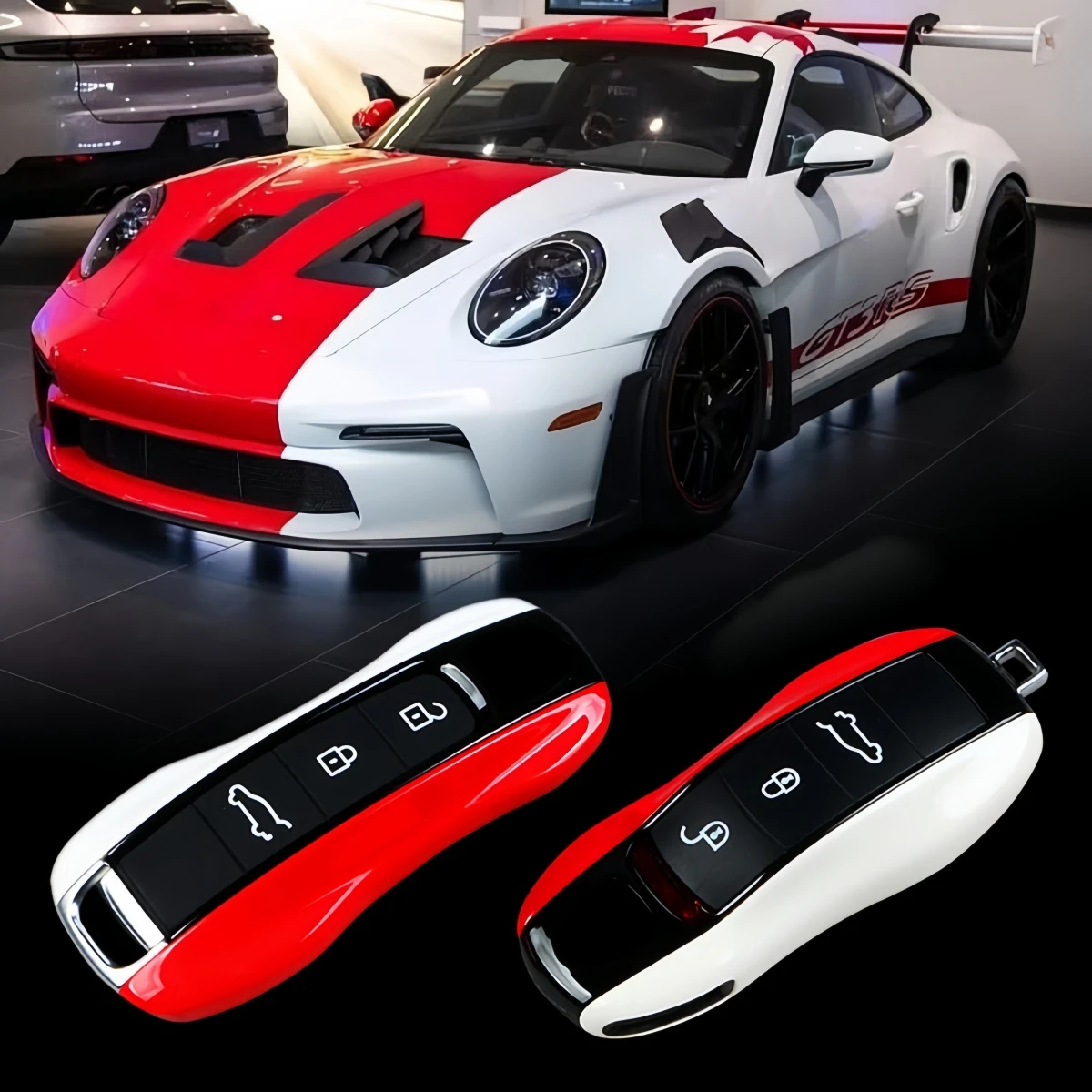Car Key Modification Protective Case Suitable for Porsche Macan/Panamera/718/Cayenne/911 Mixed Color Red and White Solid Color Key Shell Protective Cover