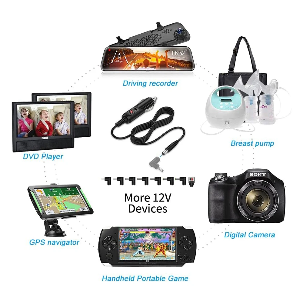 24W 12V Universal Car Charger Power Cord for Portable DVD Player, GPS, Snailax Seat, LED Light with 8 DC Adapters