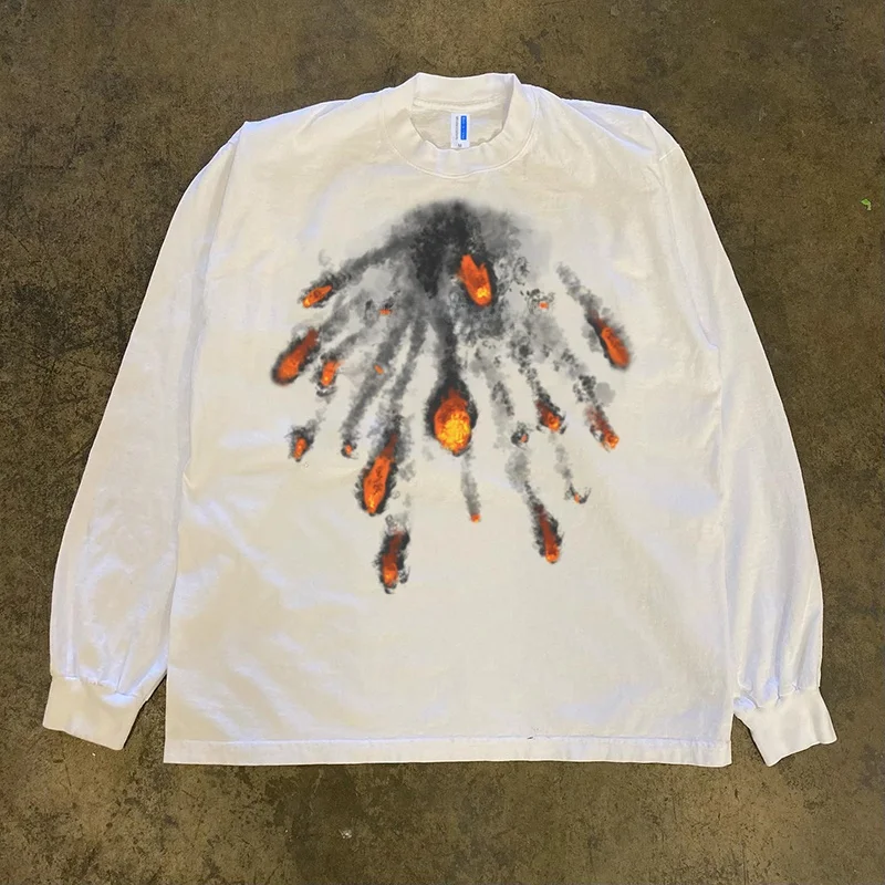ヘビーウェイト300g純綿長袖tシャツユニセックスストリートスタイル隕石柄カップルお揃いシャツ